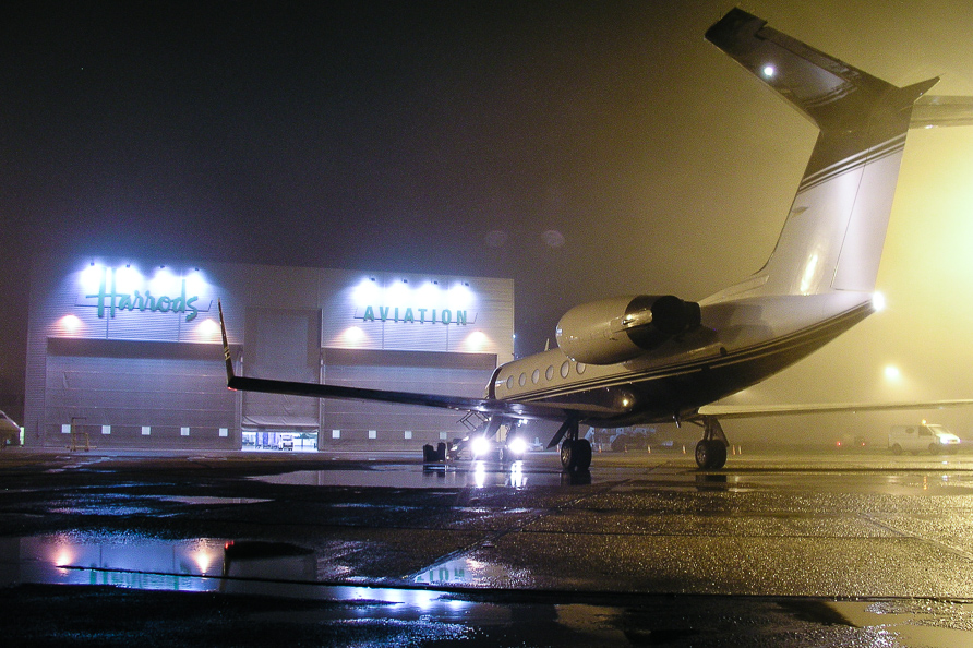 Foggy night at Stanstead, near London.